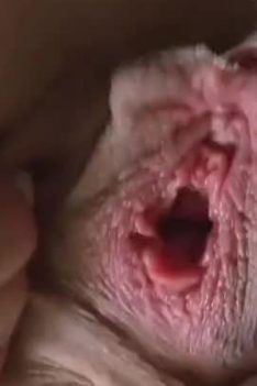 White teen open her mushroom pussy lips